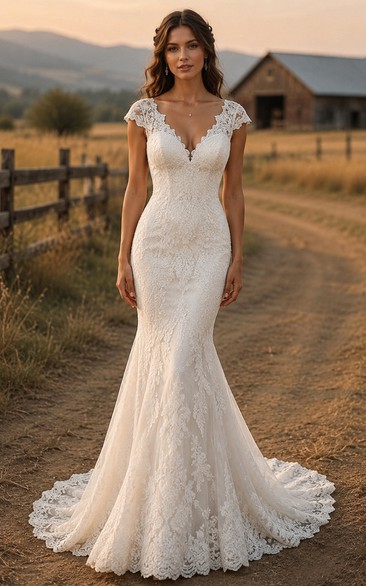 Cap Sleeve Mermaid Lace Country Wedding Dress with Low V Back and Train