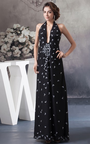 Plunged Ruched Ankle-Length Halter and Dress With Appliques