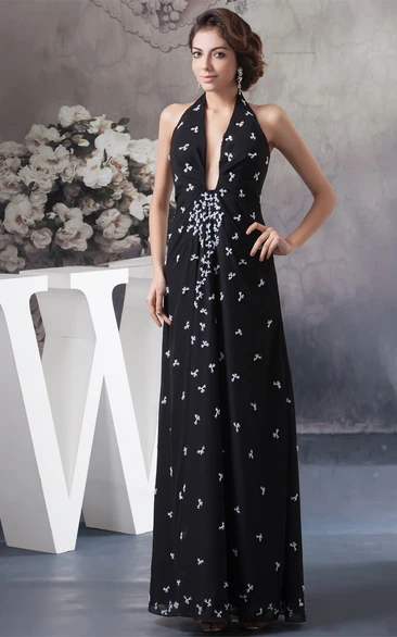 Plunged Ruched Ankle-Length Halter and Dress With Appliques