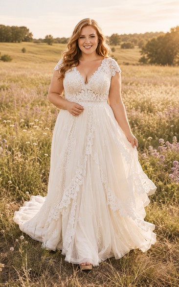 Plus Size Brautkleid in A-Linie mit kurzen Ärmeln, V-Ausschnitt, Spitze und Tüllschleppe
