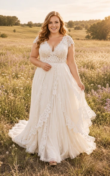 Plus Size Brautkleid in A-Linie mit kurzen Ärmeln, V-Ausschnitt, Spitze und Tüllschleppe