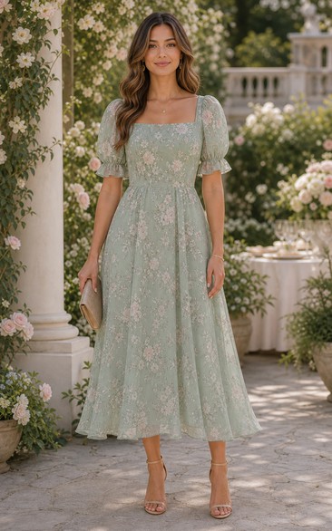 Sage Lace Puff Sleeve Tea-Length A-Line Dress