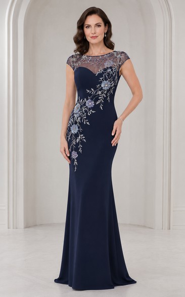 Dark Navy Illusion Cap Sleeve Sheath Mother Dress with Silver Floral Applique