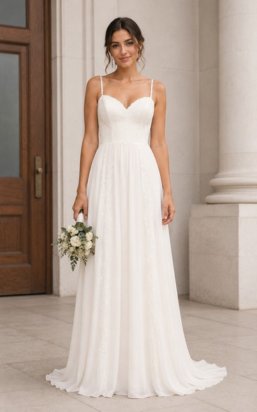 Simple Casual A-Line Wedding Dress Sleeveless Sweetheart Chiffon Floor Length Sweep Train White