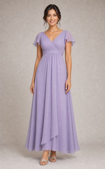 Lavender Chiffon V-Neck Floor-Length A-Line Dress with Flutter Sleeves