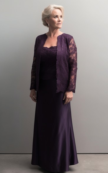 Purple Floor-length Lace Long Sleeve Mother of Bride Dress with Jacket