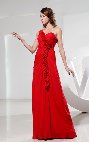 Chiffon Floor-Length Dress With Floral Straps and Criss-Cross Ruching