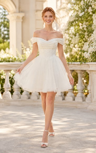 Off-the-Shoulder Satin Tea-Length Wedding Dress with Full Skirt