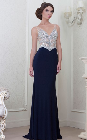 Sheath Sleeveless Beaded V-Neck Chiffon Evening Dress With Brush Train