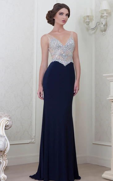 Sheath Sleeveless Beaded V-Neck Chiffon Evening Dress With Brush Train