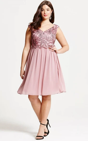 Mini Appliqued Sleeveless V-Neck Chiffon Bridesmaid Dress