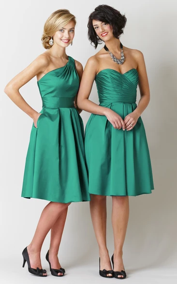 Knee-Length Ruched One-Shoulder Sleeveless Satin Bridesmaid Dress
