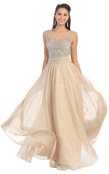 A-Line Scoop-Neck Sleeveless Chiffon Illusion Dress With Beading And Pleats