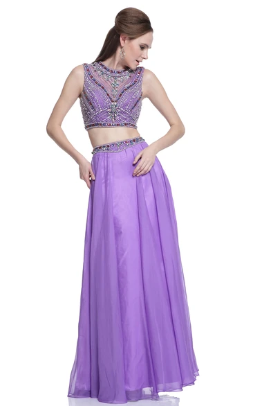 Two-Piece A-Line Maxi Scoop-Neck Sleeveless Illusion Dress With Beading