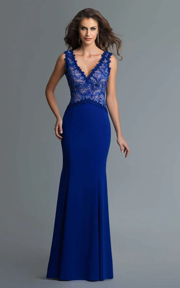 Sheath Long V-Neck Sleeveless Jersey Deep-V Back Dress With Lace