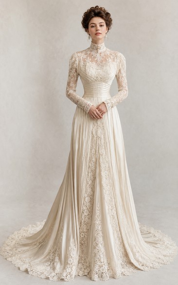 Vintage High Neck Long Sleeve Lace A-Line Wedding Dress