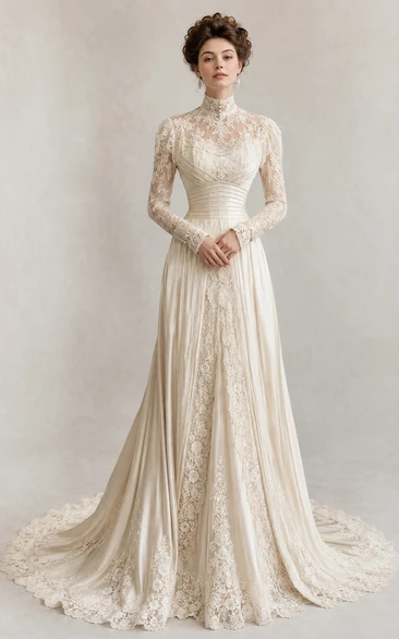 Vintage High Neck Long Sleeve Lace A-Line Wedding Dress