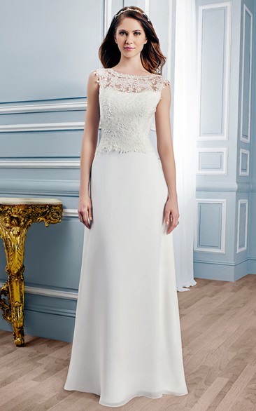 Sheath Bateau Sleeveless Maxi Appliqued Lace Wedding Dress With Sweep Train And Deep-V Back