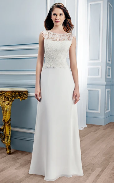 Sheath Bateau Sleeveless Maxi Appliqued Lace Wedding Dress With Sweep Train And Deep-V Back