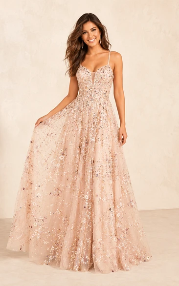 Abendliches A-Linien-Kleid aus glitzerndem, rosafarbenem Tüll mit floralen Applikationen