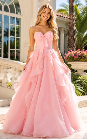 Tulle Prom Dress in Blushing Pink, Strapless, Sweetheart Ball Gown Floor-Length Gown with Bow(s) and Ruffles