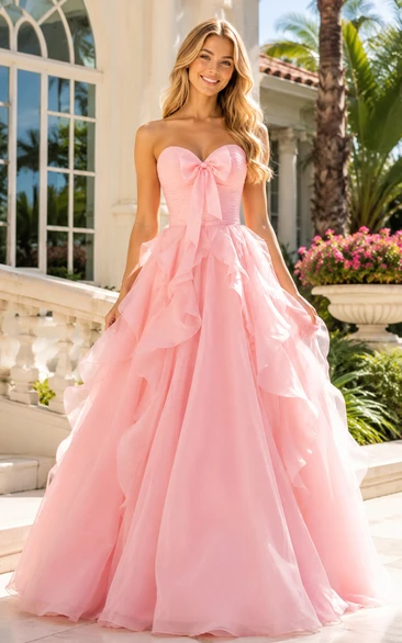 Tulle Prom Dress in Blushing Pink, Strapless, Sweetheart Ball Gown Floor-Length Gown with Bow(s) and Ruffles