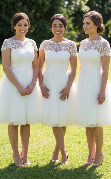 Short Sleeve White Tulle Lace Bridesmaid Dress