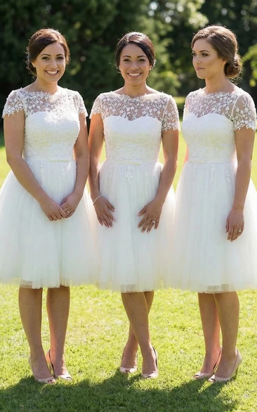 Short Sleeve White Tulle Lace Bridesmaid Dress