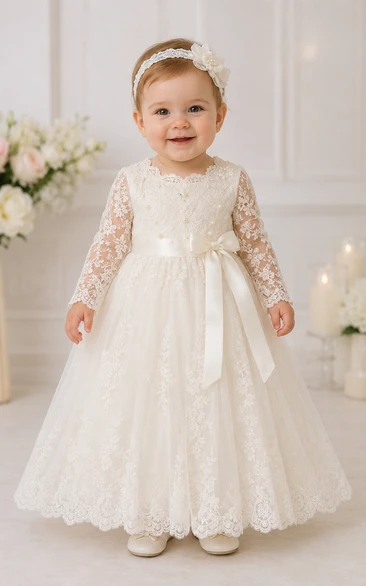 Baby Christening Gown Modest Princess Ball Gown Long Sleeve Illusion Tulle Lace Floor-Length with Bow Sash in Ivory