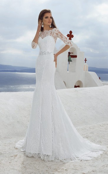 Bateau Neck 3-4 Length Sleeve Sheath Lace Elegant Wedding Dress With Beading