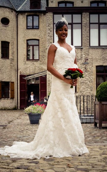 Sleeveless Lace Mermaid Queen Anne Neckline Bridal Dress With Keyhole Back