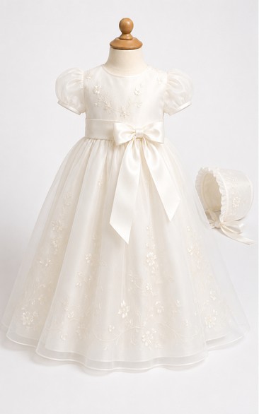 Baby Christening Gown Modest A-Line Puff Sleeve Tulle Lace Floor-Length with Bow Sash in Ivory