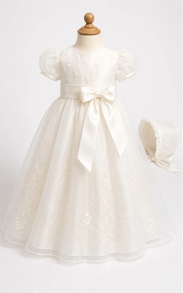Baby Christening Gown Modest A-Line Puff Sleeve Tulle Lace Floor-Length with Bow Sash in Ivory