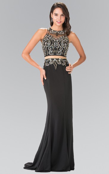 Two-Piece Sheath Floor-Length Jewel-Neck Sleeveless Jersey Dress With Beading