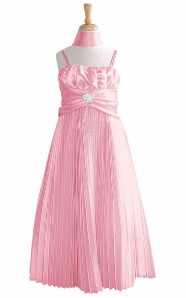 Maxi Cape Pleated Satin Flower Girl Dress With Broach