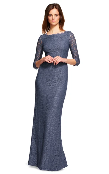 Sheath 3-4-Sleeve Bateau-Neck Long Split-Back Lace Bridesmaid Dress
