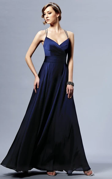 Sleeveless A-Line Taffeta Bridesmaid Dress With Sequined Spaghetti Straps