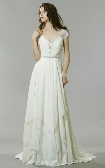 Long V-Neck Beaded Jeweled Chiffon Wedding Dress With Sweep Train And Keyhole