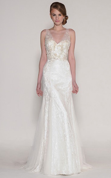 Sheath Floor-Length V-Neck Appliqued Sleeveless Tulle Wedding Dress With Beading
