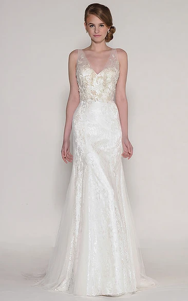 Sheath Floor-Length V-Neck Appliqued Sleeveless Tulle Wedding Dress With Beading