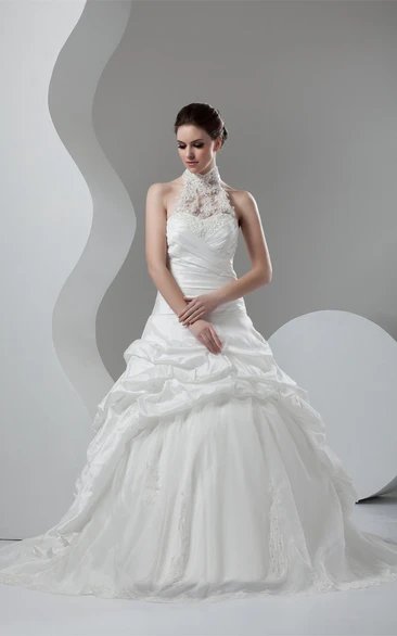 High-Neck Pick-Up Sleeveless Lace and Gown With Beading