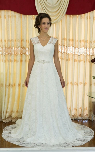 Sleeveless V-Neck A-Line Gown With Beadwork and Illusion Back