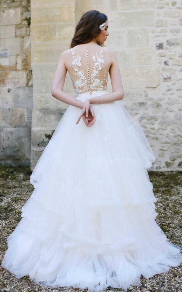 Tulle A-Line Ball Gown Simple Wedding Dress With Illusion Appliqued Top