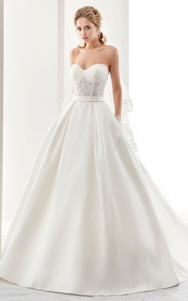Sweetheart A-Line Satin Wedding Dress With Lace Bodice And Back Bow