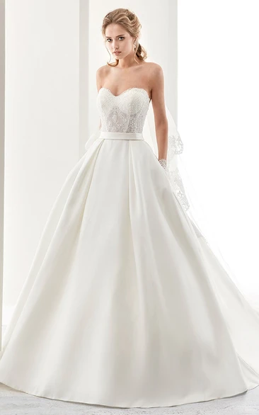Sweetheart A-Line Satin Wedding Dress With Lace Bodice And Back Bow
