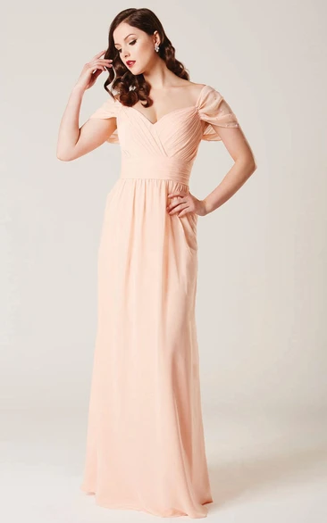 Sheath Cap Sleeve V-Neck Ruched Chiffon Bridesmaid Dress