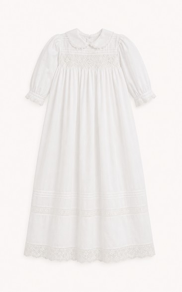 Baby Christening Gown Vintage Modest A-Line Long Sleeve Cotton Lace Tea-Length with Bow Sash in White