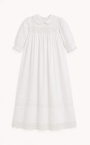 Baby Christening Gown Vintage Modest A-Line Long Sleeve Cotton Lace Tea-Length with Bow Sash in White
