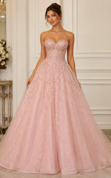 Blush Strapless Glitter Tulle Ball Gown Formal Dress