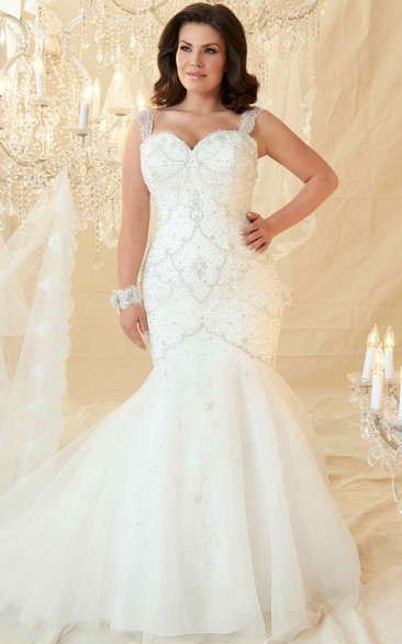 Mermaid Sleeveless Floor-Length Beaded Tulle Plus Size Wedding Dress
